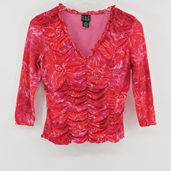 INC International Concepts Tops - Vintage Y2k Ruched Mesh Top Womens Size M Pink Floral INC International Concepts